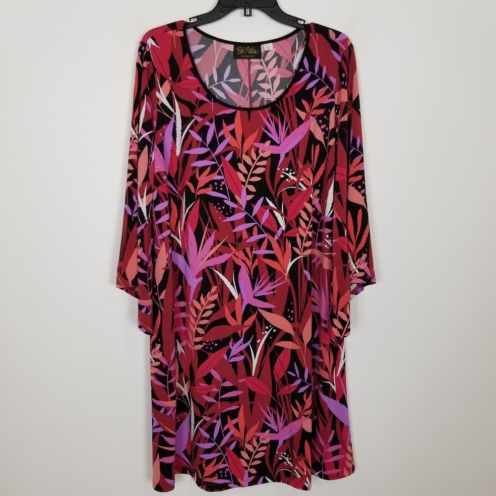 Bob Mackie Shift Dress Sz L Bell Sleeve Floral Stretch Red Purple‎ Wearable Art